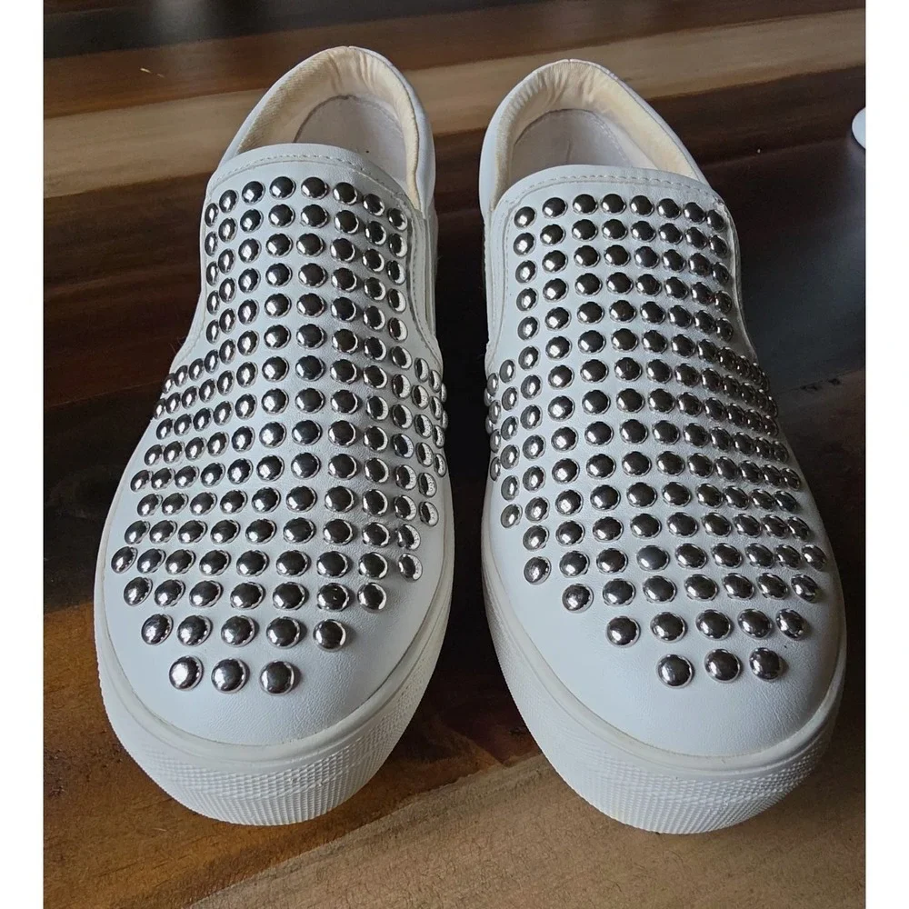 Steve Madden Women's Torin Platform White Silver Studded Slip-on Sneakers 9.5M